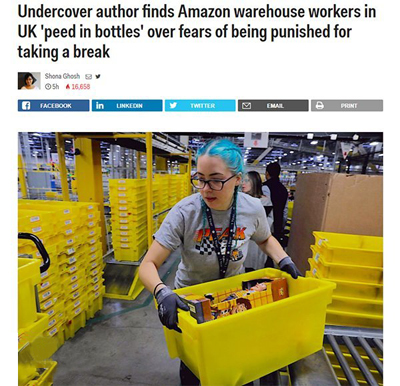 曝亚马逊血汗仓库:员工忙到不敢上厕所 曝亚马逊血汗仓库:员工忙到不敢上厕所
