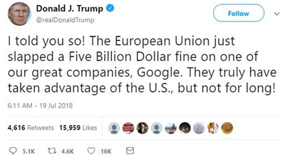 罚谷歌50亿美元,特朗普:欧盟占美国便宜该到头了 罚谷歌50亿美元,特朗普:欧盟占美国便宜该到头了