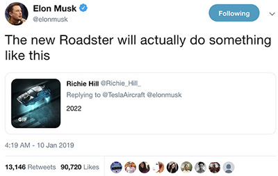 马斯克确认特斯拉新跑车能飞:将用火箭推进系统技术 马斯克确认特斯拉新跑车能飞:将用火箭推进系统技术